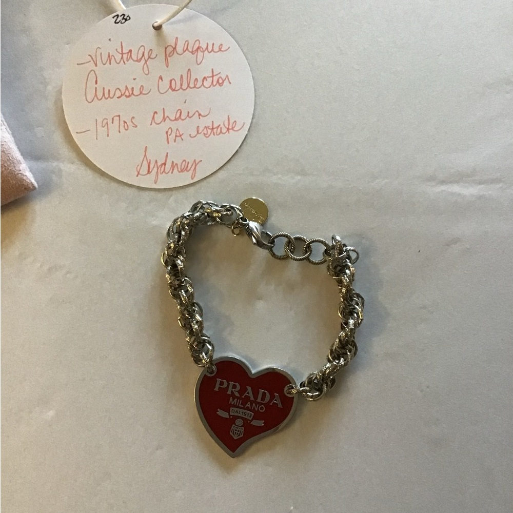 Idlewild Upcycled Jewelry Prada Silver Bracelet with Red Heart Charm.